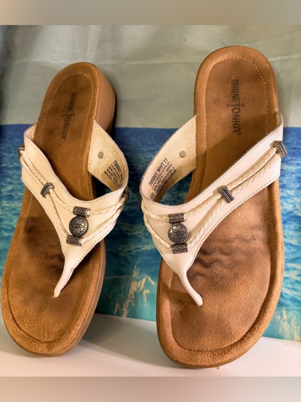 Minnetonka White Braided Leather Strap Sandals
